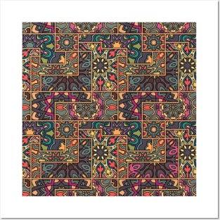 Vintage patchwork with floral mandala elements Posters and Art